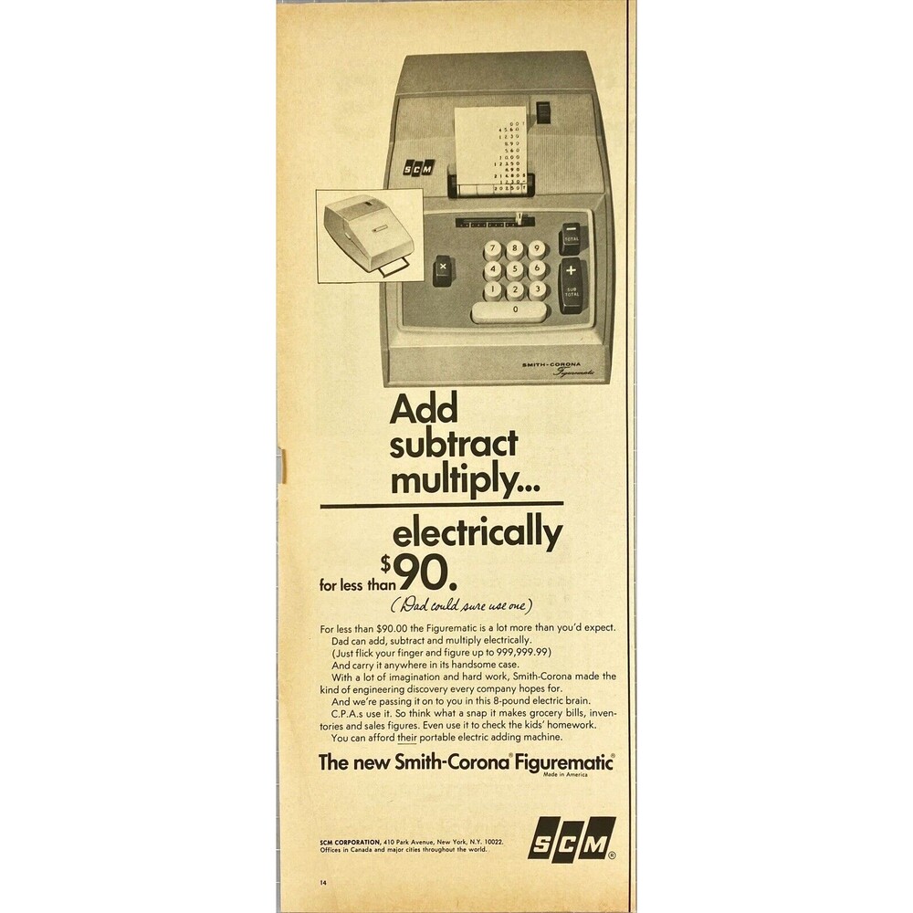 Smith-Corona Figurematic "Add Subtract Multiply... Electronically" Print Ad 1967